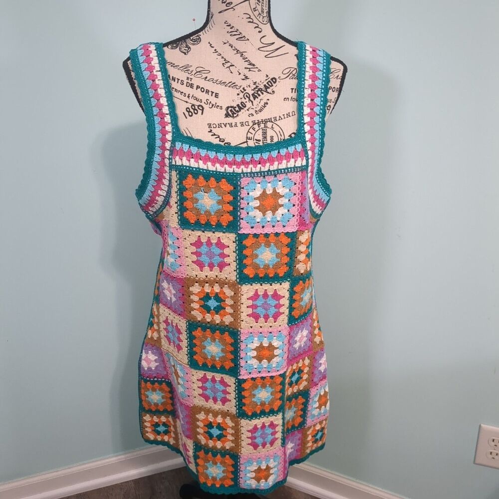 Crochet granny square mini dress medium festival concert hippie Boho